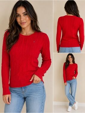 Tommy Hilfiger Red Cable Knit Sweater Women’s Medium Crewneck Preppy Classic
